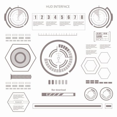 Düz tasarımda gelecekçi siyah-beyaz HUD, sanal dokunmatik kullanıcı arayüzü