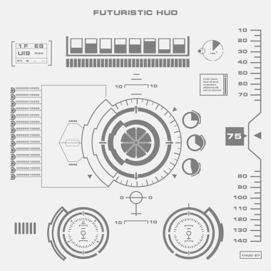 Düz tasarımda gelecekçi siyah-beyaz HUD, sanal dokunmatik kullanıcı arayüzü