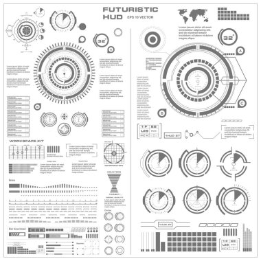 Düz tasarımda gelecekçi siyah-beyaz HUD, sanal dokunmatik kullanıcı arayüzü