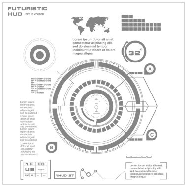 Düz tasarımda gelecekçi siyah-beyaz HUD, sanal dokunmatik kullanıcı arayüzü