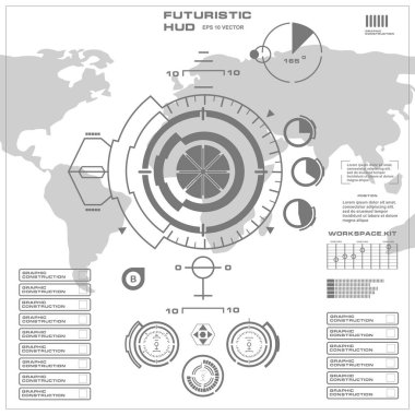 Düz tasarımda gelecekçi siyah-beyaz HUD, sanal dokunmatik kullanıcı arayüzü