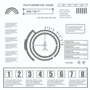 Düz tasarımda gelecekçi siyah-beyaz HUD, sanal dokunmatik kullanıcı arayüzü