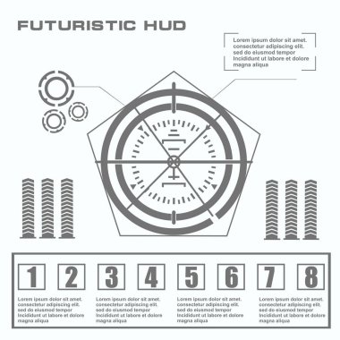 Düz tasarımda gelecekçi siyah-beyaz HUD, sanal dokunmatik kullanıcı arayüzü
