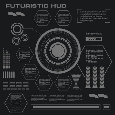 Düz tasarımda gelecekçi siyah-beyaz HUD, sanal dokunmatik kullanıcı arayüzü