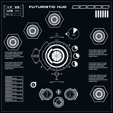Düz tasarımda gelecekçi siyah-beyaz HUD, sanal dokunmatik kullanıcı arayüzü