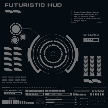 Düz tasarımda gelecekçi siyah-beyaz HUD, sanal dokunmatik kullanıcı arayüzü