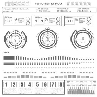 Düz tasarımda gelecekçi siyah-beyaz HUD, sanal dokunmatik kullanıcı arayüzü