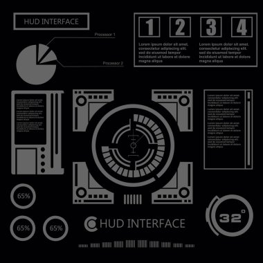 Düz tasarımda gelecekçi siyah-beyaz HUD, sanal dokunmatik kullanıcı arayüzü