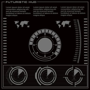 Düz tasarımda gelecekçi siyah-beyaz HUD, sanal dokunmatik kullanıcı arayüzü