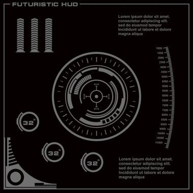 Düz tasarımda gelecekçi siyah-beyaz HUD, sanal dokunmatik kullanıcı arayüzü