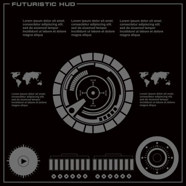 Düz tasarımda gelecekçi siyah-beyaz HUD, sanal dokunmatik kullanıcı arayüzü