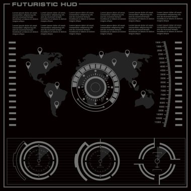 Düz tasarımda gelecekçi siyah-beyaz HUD, sanal dokunmatik kullanıcı arayüzü