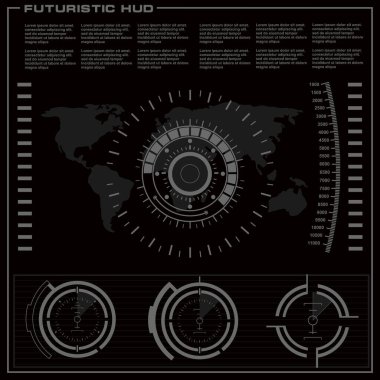 Düz tasarımda gelecekçi siyah-beyaz HUD, sanal dokunmatik kullanıcı arayüzü