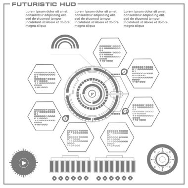 Düz tasarımda gelecekçi siyah-beyaz HUD, sanal dokunmatik kullanıcı arayüzü