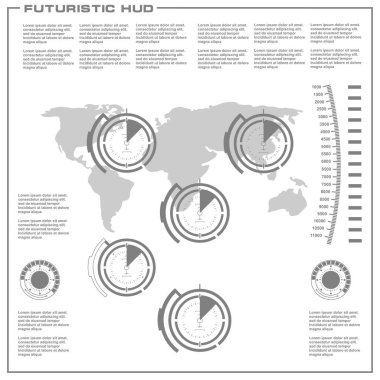 Düz tasarımda gelecekçi siyah-beyaz HUD, sanal dokunmatik kullanıcı arayüzü