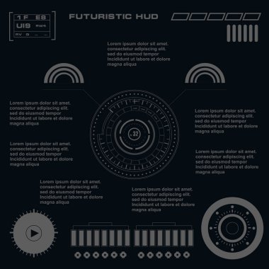 Düz tasarımda gelecekçi siyah-beyaz HUD, sanal dokunmatik kullanıcı arayüzü