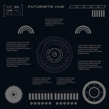Düz tasarımda gelecekçi siyah-beyaz HUD, sanal dokunmatik kullanıcı arayüzü