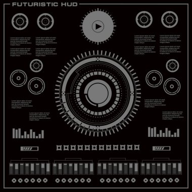 Düz tasarımda gelecekçi siyah-beyaz HUD, sanal dokunmatik kullanıcı arayüzü