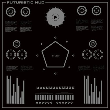 Düz tasarımda gelecekçi siyah-beyaz HUD, sanal dokunmatik kullanıcı arayüzü