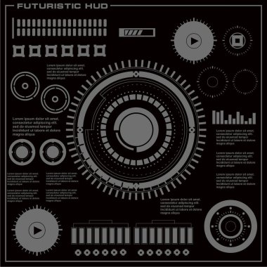 Düz tasarımda gelecekçi siyah-beyaz HUD, sanal dokunmatik kullanıcı arayüzü