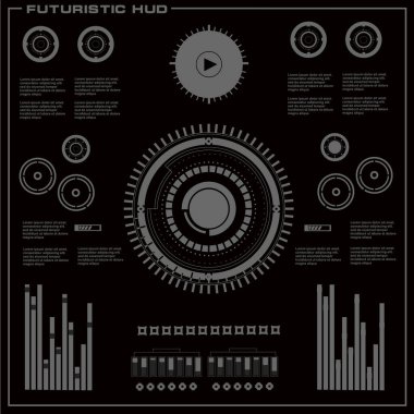 Düz tasarımda gelecekçi siyah-beyaz HUD, sanal dokunmatik kullanıcı arayüzü
