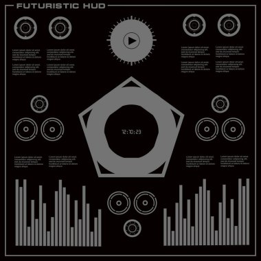 Düz tasarımda gelecekçi siyah-beyaz HUD, sanal dokunmatik kullanıcı arayüzü