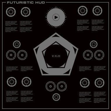 Düz tasarımda gelecekçi siyah-beyaz HUD, sanal dokunmatik kullanıcı arayüzü