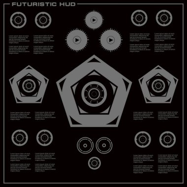 Düz tasarımda gelecekçi siyah-beyaz HUD, sanal dokunmatik kullanıcı arayüzü