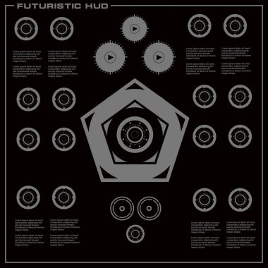 Düz tasarımda gelecekçi siyah-beyaz HUD, sanal dokunmatik kullanıcı arayüzü