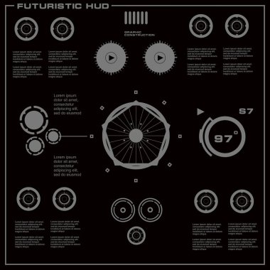 Düz tasarımda gelecekçi siyah-beyaz HUD, sanal dokunmatik kullanıcı arayüzü