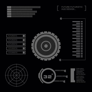Düz tasarımda gelecekçi siyah-beyaz HUD, sanal dokunmatik kullanıcı arayüzü