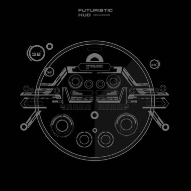 Düz tasarımda gelecekçi siyah-beyaz HUD, sanal dokunmatik kullanıcı arayüzü