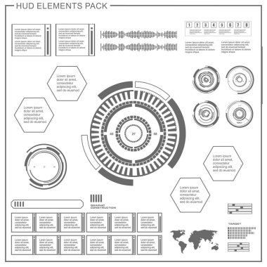 Gelecekçi siyah beyaz HUD, sanal dokunmatik kullanıcı arayüzü sanal gerçeklik teknolojisi ekranı
