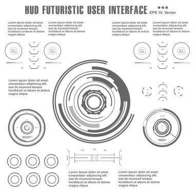 Gelecekçi siyah beyaz HUD, sanal dokunmatik kullanıcı arayüzü sanal gerçeklik teknolojisi ekranı