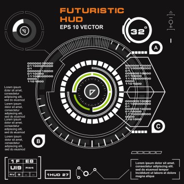 Düz tasarımda gelecekçi siyah-beyaz HUD, sanal dokunmatik kullanıcı arayüzü