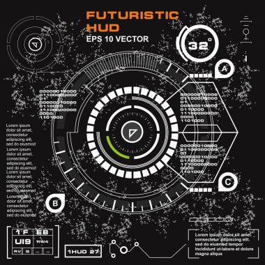 Düz tasarımda gelecekçi siyah-beyaz HUD, sanal dokunmatik kullanıcı arayüzü