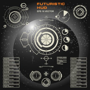 Düz tasarımda gelecekçi siyah-beyaz HUD, sanal dokunmatik kullanıcı arayüzü