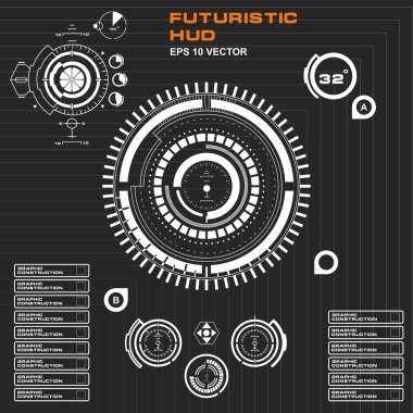 Düz tasarımda gelecekçi siyah-beyaz HUD, sanal dokunmatik kullanıcı arayüzü