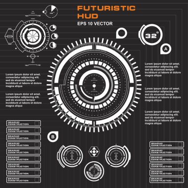 Düz tasarımda gelecekçi siyah-beyaz HUD, sanal dokunmatik kullanıcı arayüzü