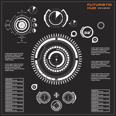 Düz tasarımda gelecekçi siyah-beyaz HUD, sanal dokunmatik kullanıcı arayüzü