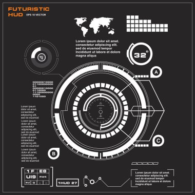 Düz tasarımda gelecekçi siyah-beyaz HUD, sanal dokunmatik kullanıcı arayüzü