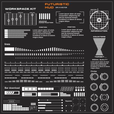 Düz tasarımda gelecekçi siyah-beyaz HUD, sanal dokunmatik kullanıcı arayüzü