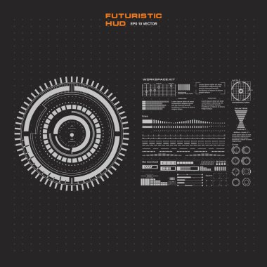 Düz tasarımda gelecekçi siyah-beyaz HUD, sanal dokunmatik kullanıcı arayüzü