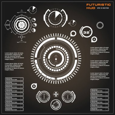 Düz tasarımda gelecekçi siyah-beyaz HUD, sanal dokunmatik kullanıcı arayüzü