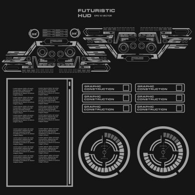 Düz tasarımda gelecekçi siyah-beyaz HUD, sanal dokunmatik kullanıcı arayüzü