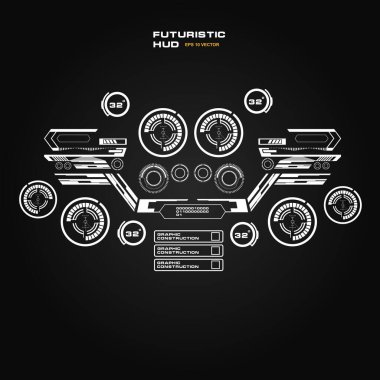 Düz tasarımda gelecekçi siyah-beyaz HUD, sanal dokunmatik kullanıcı arayüzü