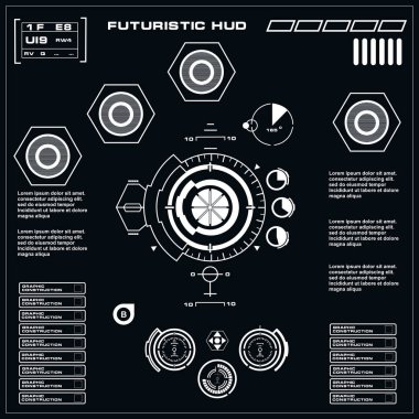 Düz tasarımda gelecekçi siyah-beyaz HUD, sanal dokunmatik kullanıcı arayüzü