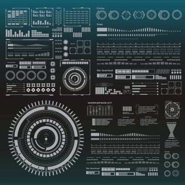 Düz tasarımda gelecekçi siyah-beyaz HUD, sanal dokunmatik kullanıcı arayüzü
