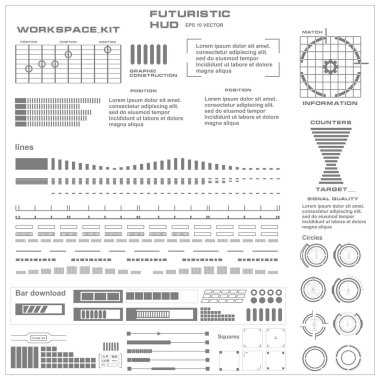 Düz tasarımda gelecekçi siyah-beyaz HUD, sanal dokunmatik kullanıcı arayüzü