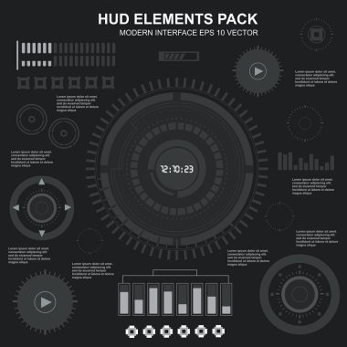 Düz tasarımda gelecekçi siyah-beyaz HUD, sanal dokunmatik kullanıcı arayüzü